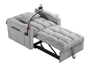 Convertible Sleeper Chair Sofa Bed, Grey Velvet, Pull-Out Single Bed