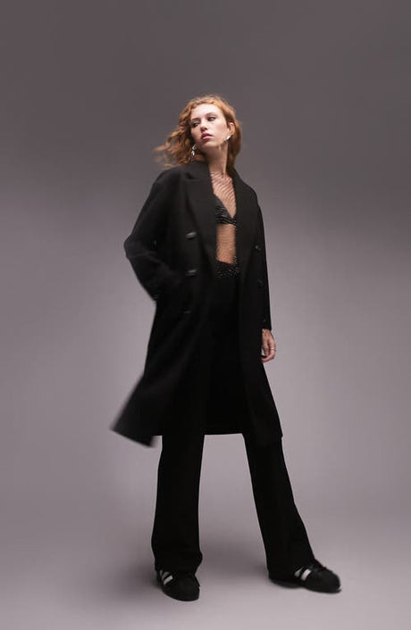 Topshop Double Breasted Long Coat in Black, Size 4 Us