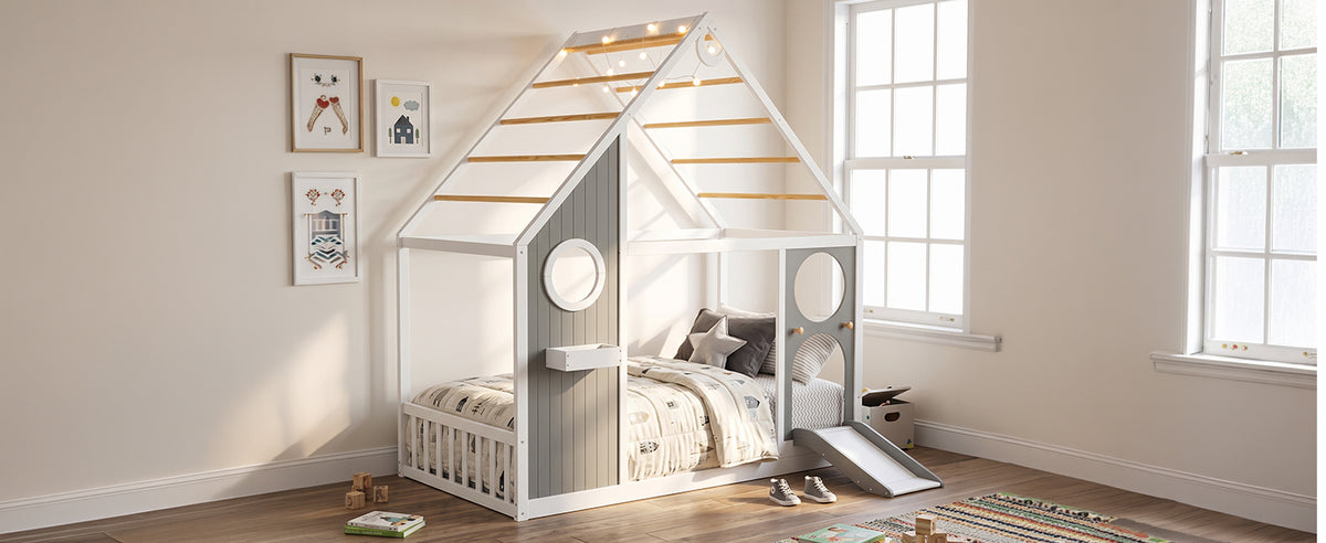 Twin House Bed with Slide, Ball Light Strip - Gray