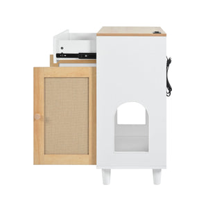 Pet Friendly Furniture Style Cat Litter Box House With Sisal Scratching Door And Charging Socket - Beige / White