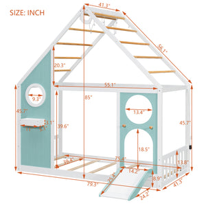 Twin House Bed with Slide, Ball Light Strip, Wooden Playhouse Design