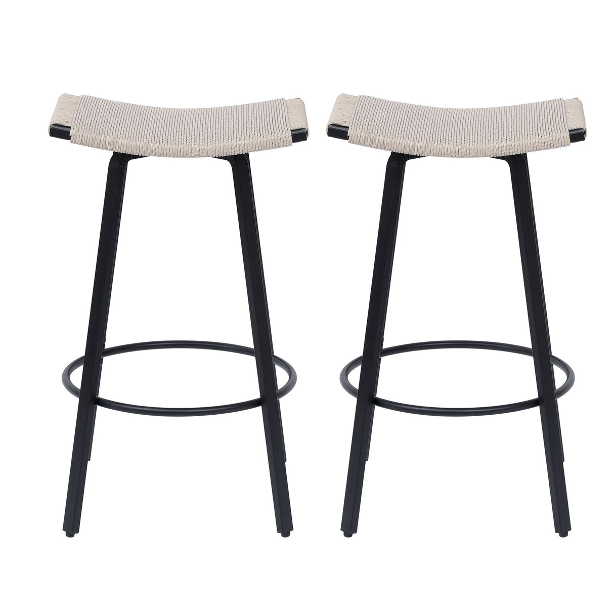 Counter Height Bar Stools Backless Handwoven Kitchen Dining Chairs With Round Footrest (Set of 2) Weaving Pub Stoo - Creamy White