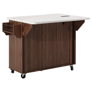 K&K 53.5" Kitchen Island with Sliding Doors, Drop Leaf, Power Outlet, Walnut Brown
