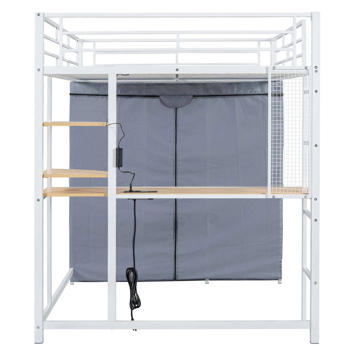 Loft Bed With Desk, Shelves, Power Outlet, LED Light And Wardrobe