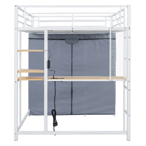Loft Bed With Desk, Shelves, Power Outlet, LED Light And Wardrobe