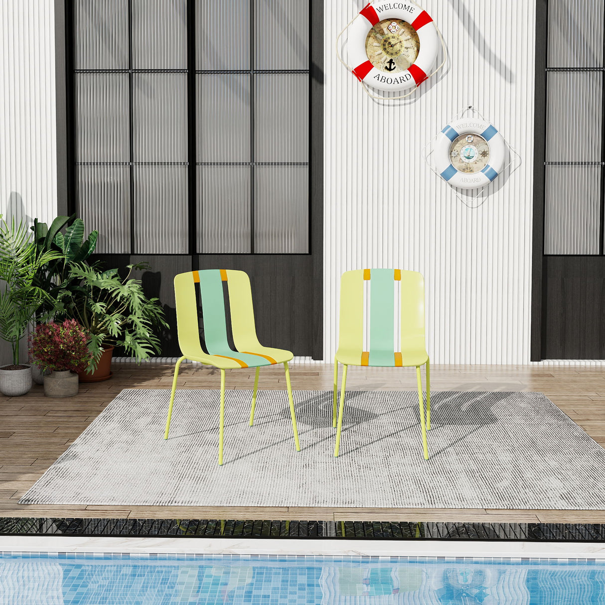 Modern Striped Blocking Single Chairs, Waterproof And Fade Resistant (Set of 4)
