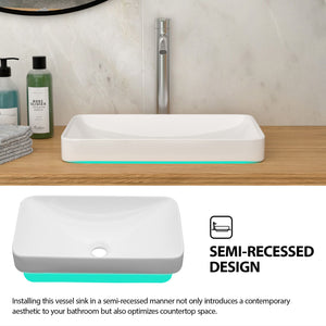 Semi Recessed Bathroom Sink With Countertop Vessel Design, 19" X 12" - White