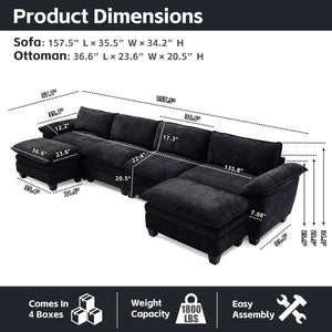Luxury Chenille Upholstered U Shape Sofa with Two Ottomans