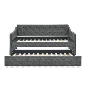 Twin Upholstered Daybed With Trundle, Waved Arms - Gray