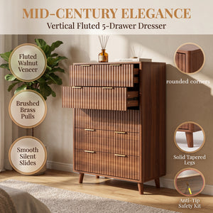 Tall 5-Drawer Dresser, Mid-Century Modern, Walnut
