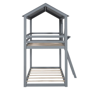 Twin Over Twin Bunk Bed With Roof, Window, Guardrail, Ladder