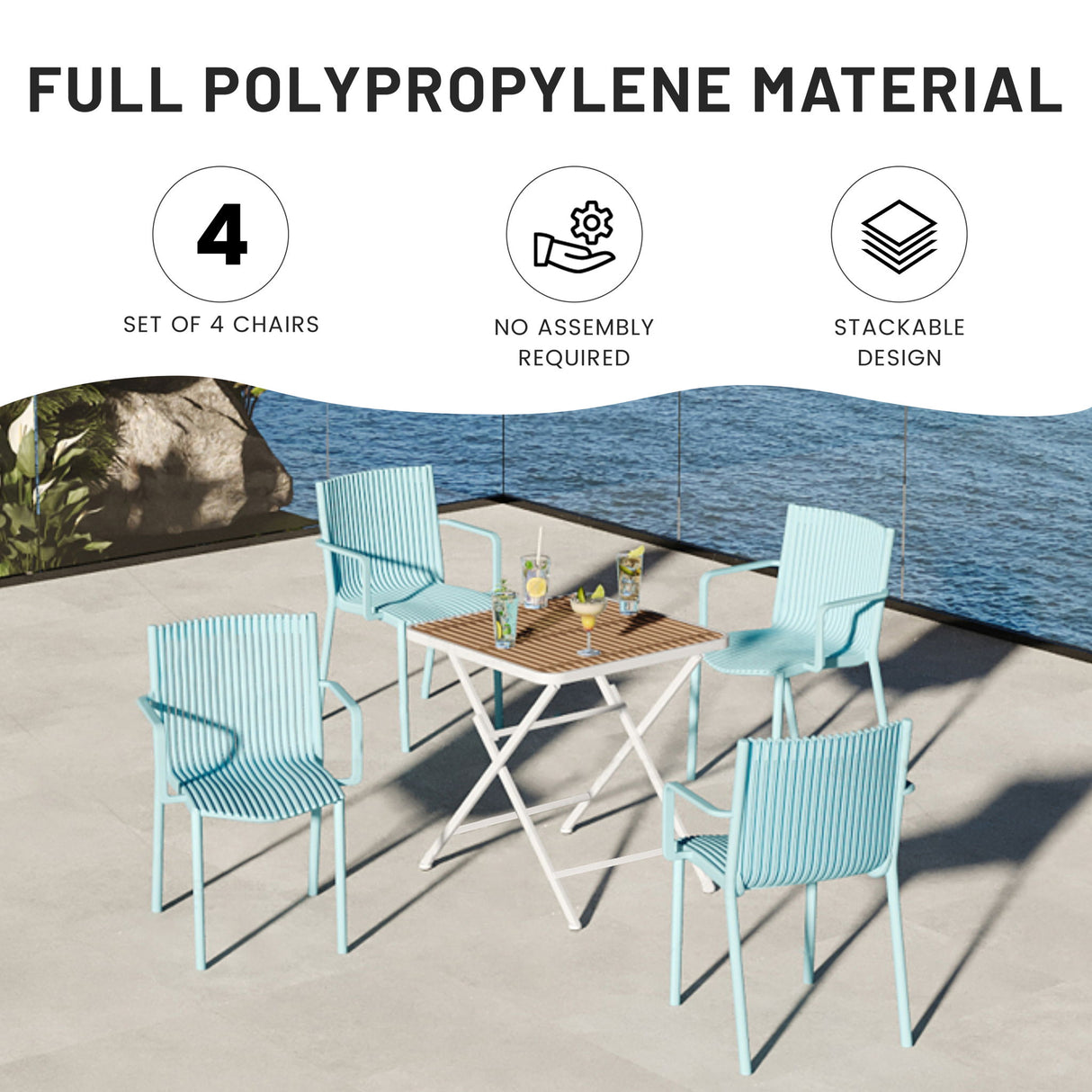 4 Modern Stackable Plastic Armchair Matched With Folding Square Table