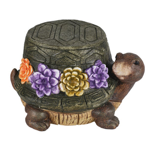 Turtle Garden Statue Outdoor Stool with Floral Detail - Multi-Color