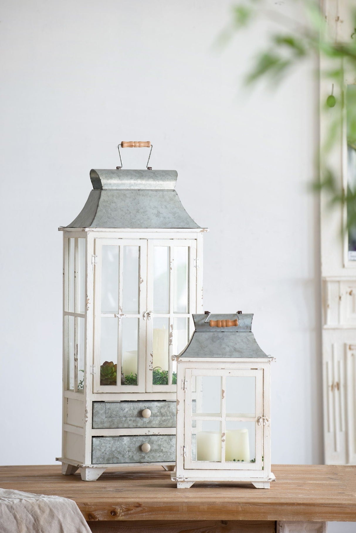 Wooden Candle Lantern Decorative Hurricane Holder - Ivory