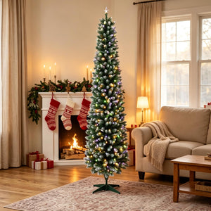 7ft Flocked Pencil Prelit Christmas Tree, Dual-Color