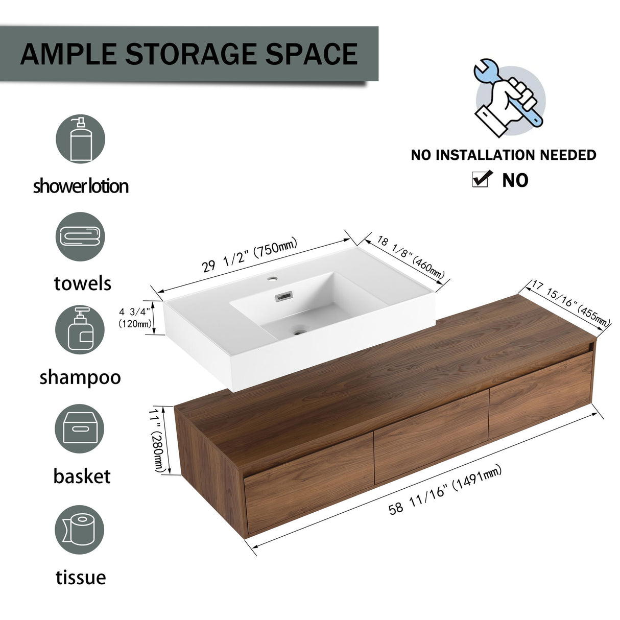 Modern Wall Mounted Bathroom Vanity With Resin Sink And Soft Close Drawer
