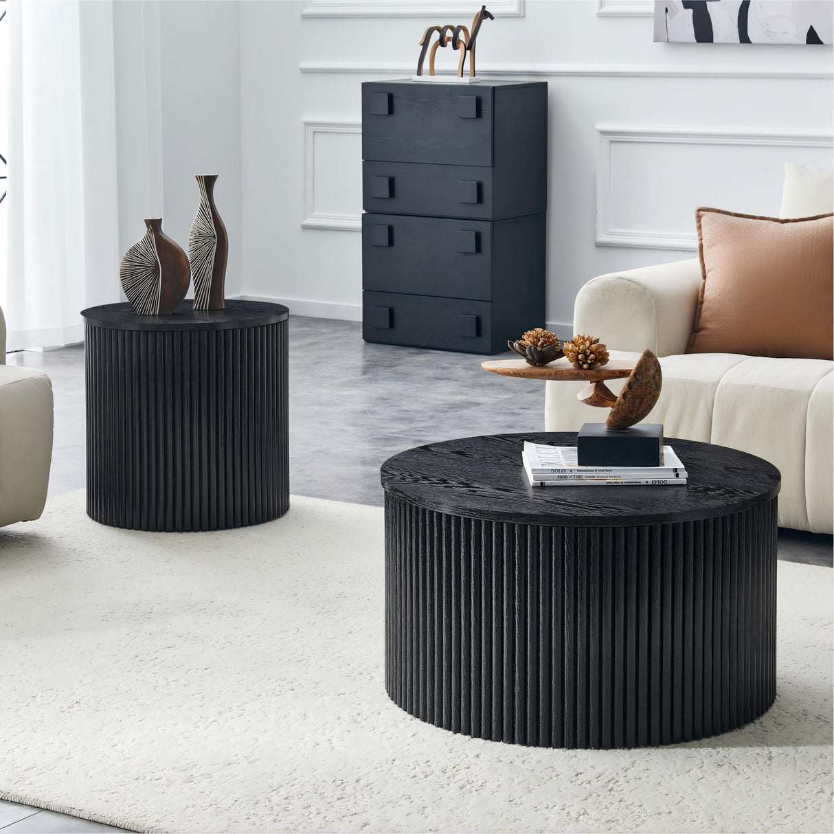 2-Piece Nesting Coffee Table Set, Roman Column Design MDF Round Tables with Built-in Storage