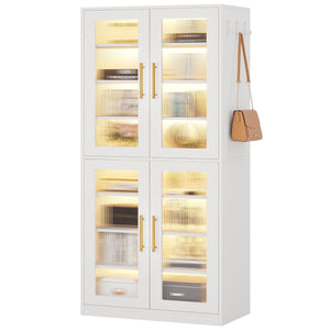 Bookcase With Doors And LED Lighting, 8 Adjustable Shelves Storage Cabinet