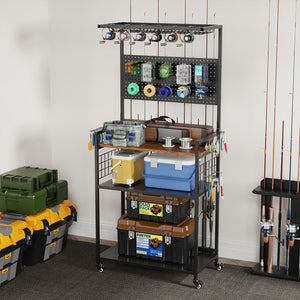 Fishing Rod Storage Rack With Pegboard, Rolling Tackle Organizer Cart - Black