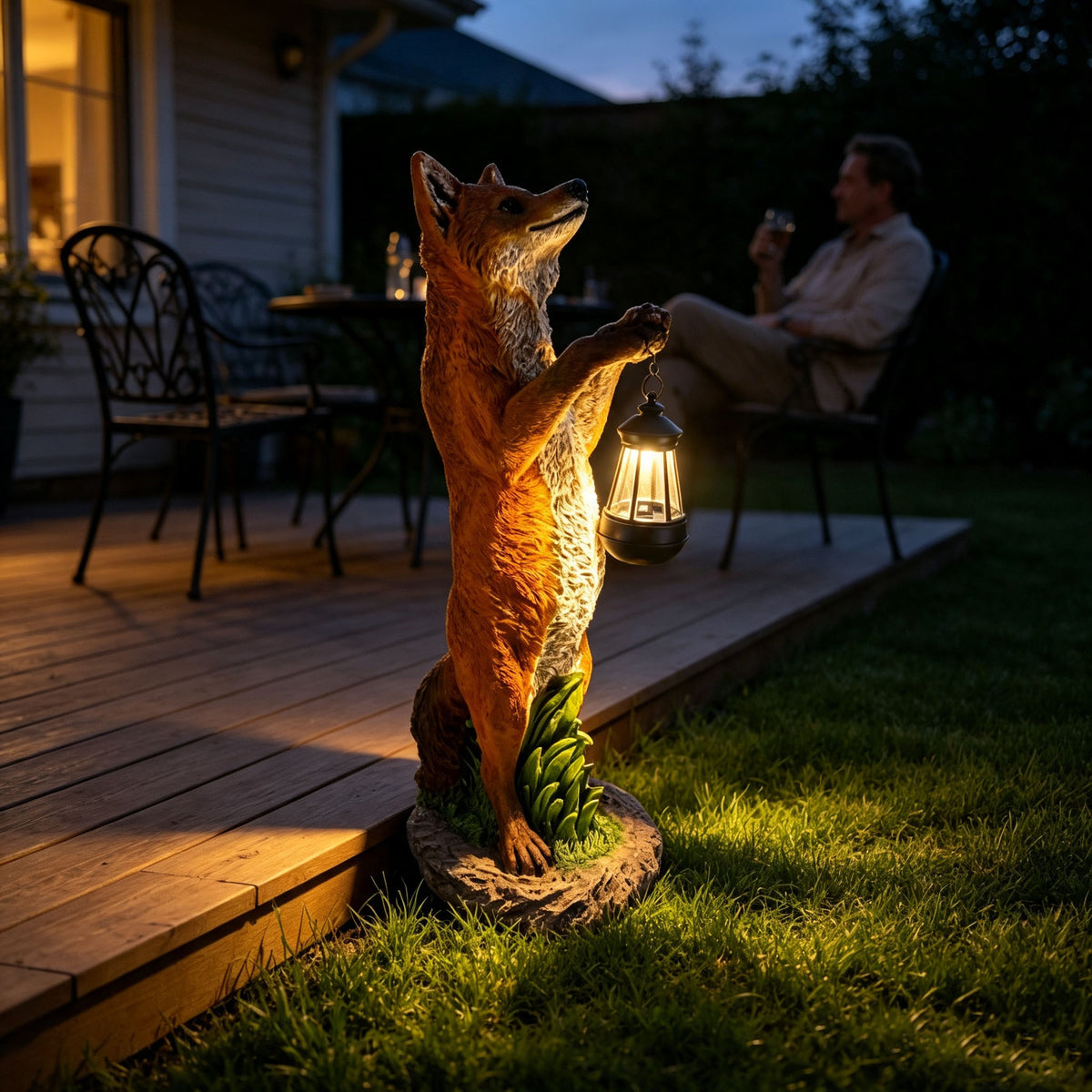28" Fox Garden Statue with Hanging Solar Lantern