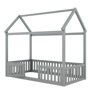 Wood House Bed With Fence And Door