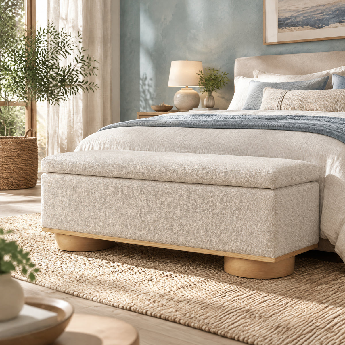 Modern 50" Oatmeal Upholstered Storage Bench