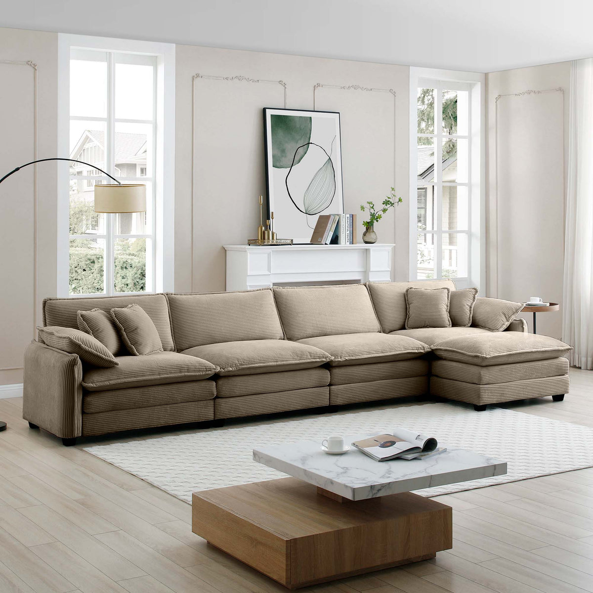 Modern Corduroy Upholstered 4-Seater Sofa with Footstool