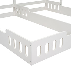 Twin Size Platform Bed With Shared Design, Guardrails, And Built In Shelves - Creamy White