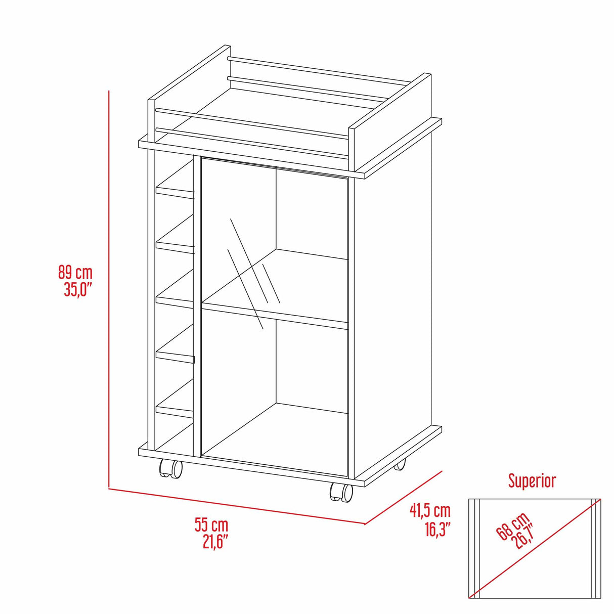 Dukat Bar Cart, Two Shelves, Six Built-in Wine Rack - Espresso