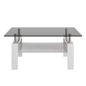 Modern Rectangular Coffee Table With Tempered Transparent Glass Top And Storage Shelf