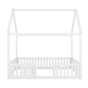 Wood House Bed With Fence And Door