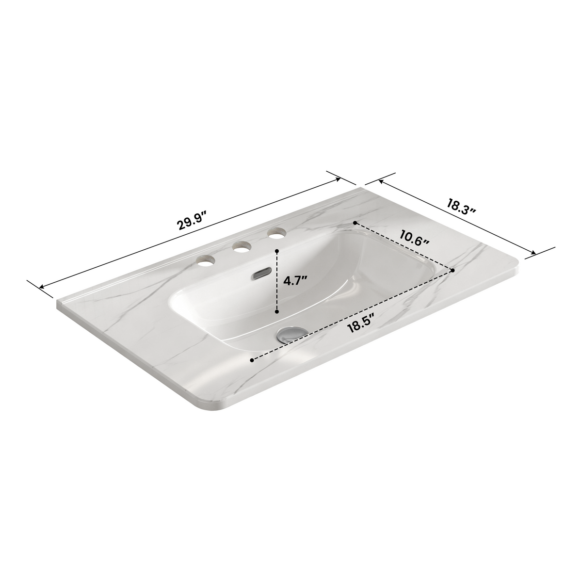 Carrara White Ceramic Integrated Bathroom Sink, 29.94-Inch