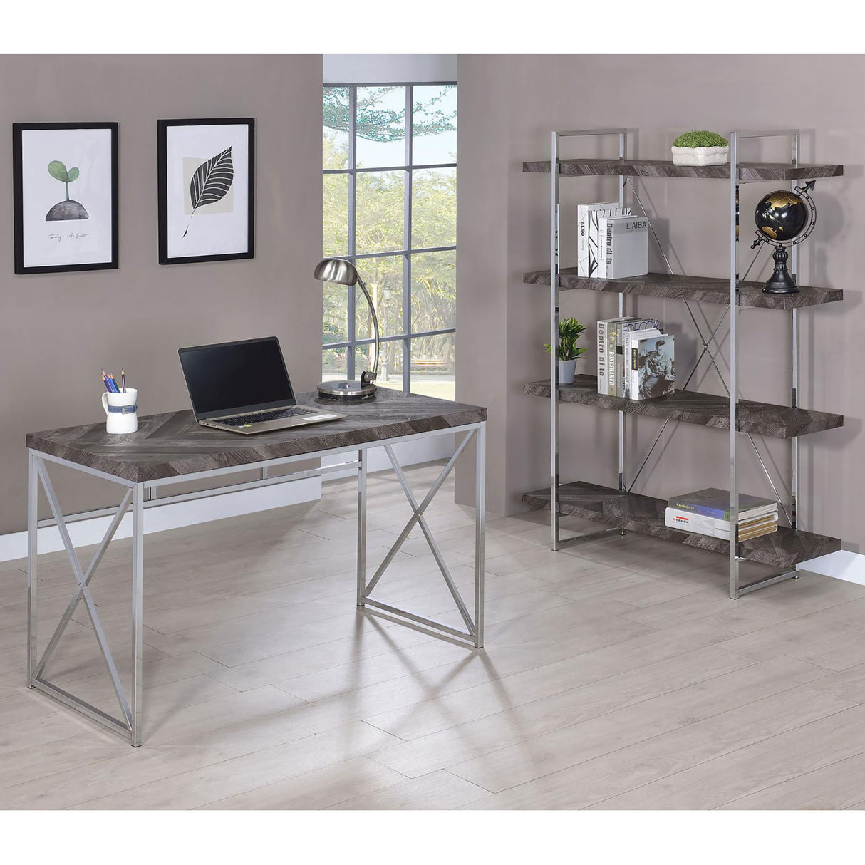 Herringbone - Bookcase With Full Length Shelf - Gray