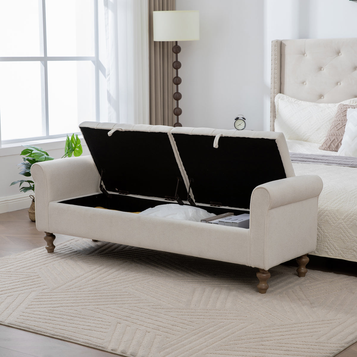 Modern Upholstered Storage Bench With Double Lids