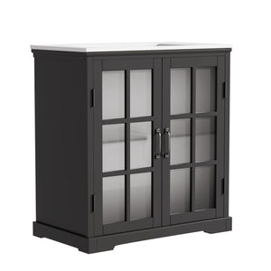 Modern Bathroom Vanity With Ceramic Sink, Tempered Blurred Glass Doors