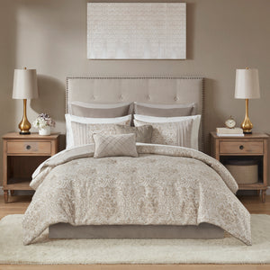 12 Piece Jacquard Comforter Set with Bed Sheets - Khaki Cal King
