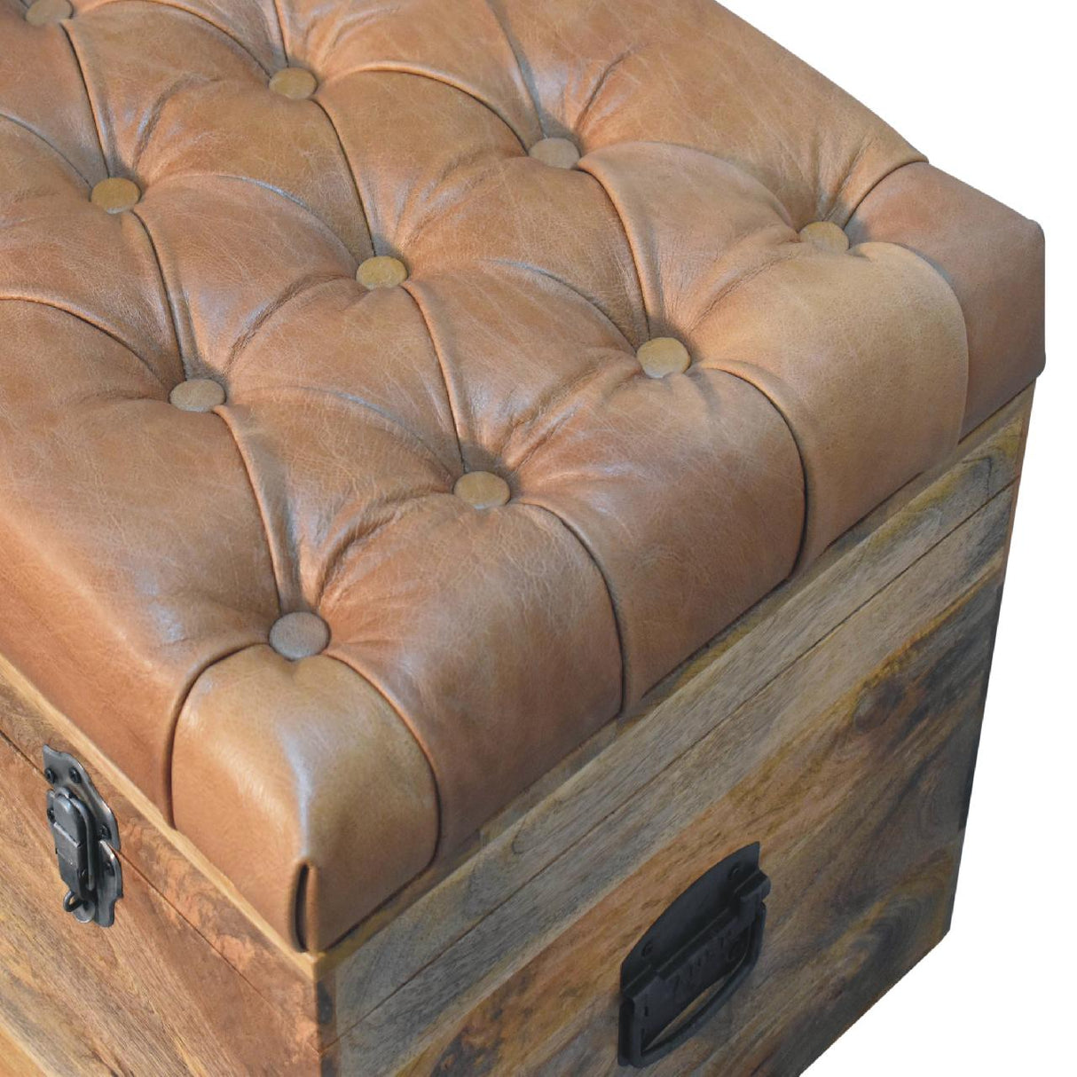 Solid Wood Buffalo Hide Oak-ish Storage Trunk, Leather Upholstered