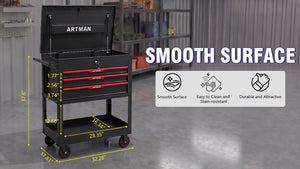 3 Drawers Multifunctional Tool Cart with Wheels and Steel Top - Black & Red