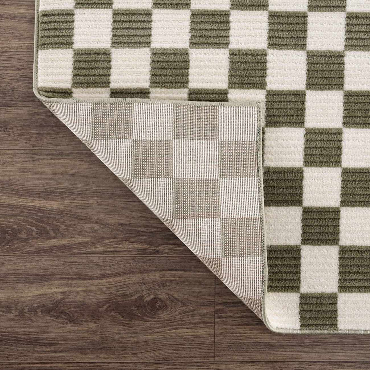 Kaysar Olive Green Checkered Washable Area Rug
