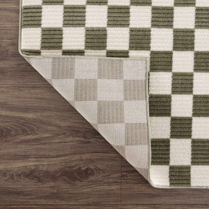 Kaysar Olive Green Checkered Washable Area Rug
