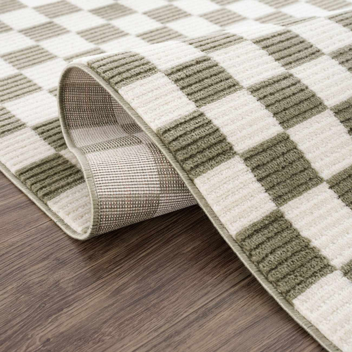 Kaysar Olive Green Checkered Washable Area Rug