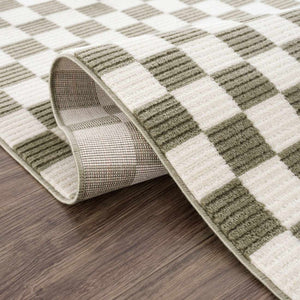 Kaysar Olive Green Checkered Washable Area Rug