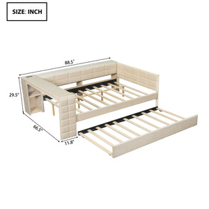 Upholstered Platform Bed With Storage Shelves, Desk, Charging Station And Trundle