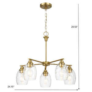 5 Lights Linear Arms With Chain Chandelier - Clear / Gold