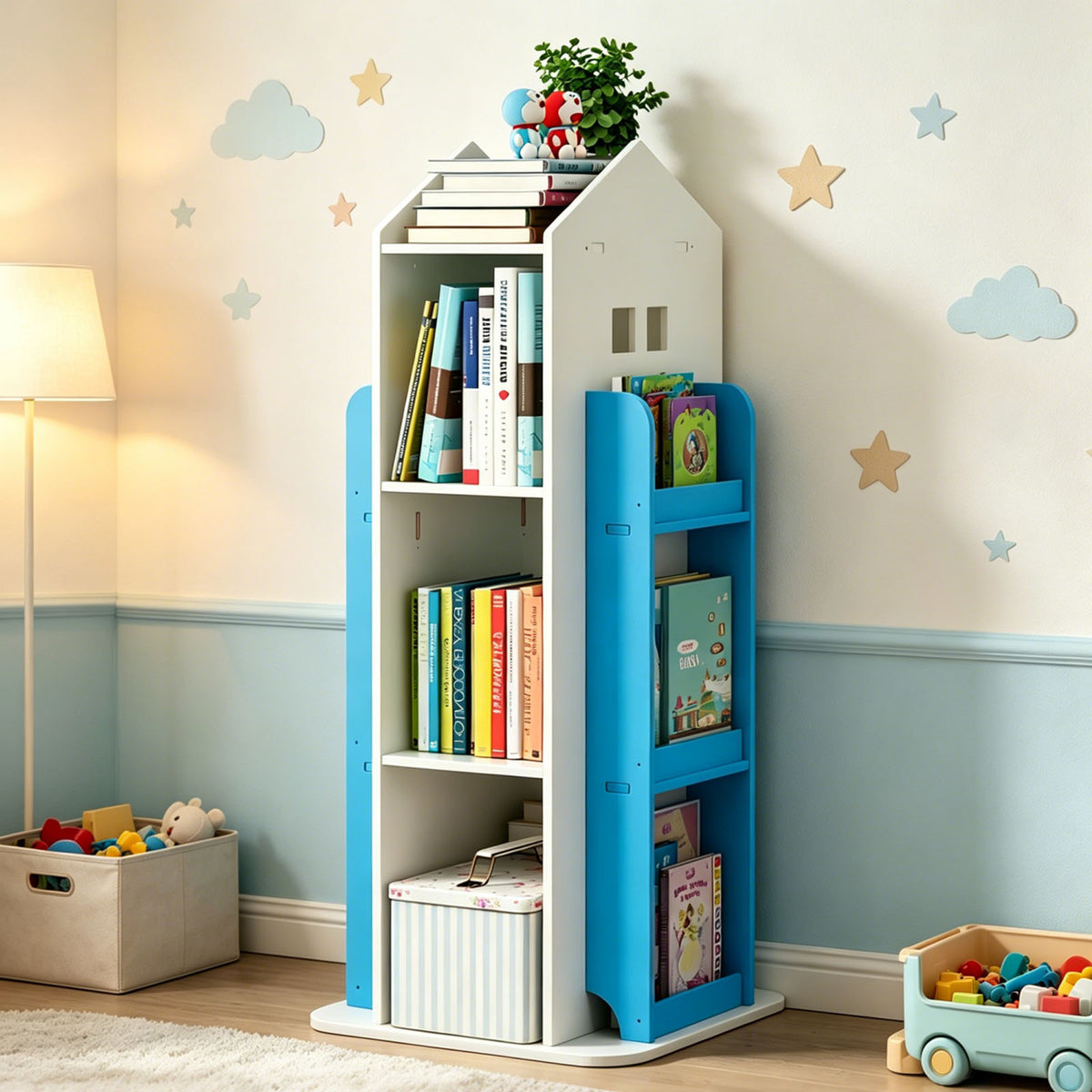 4-Tier Rotating Bookshelf, 360° Swivel, PVC, White