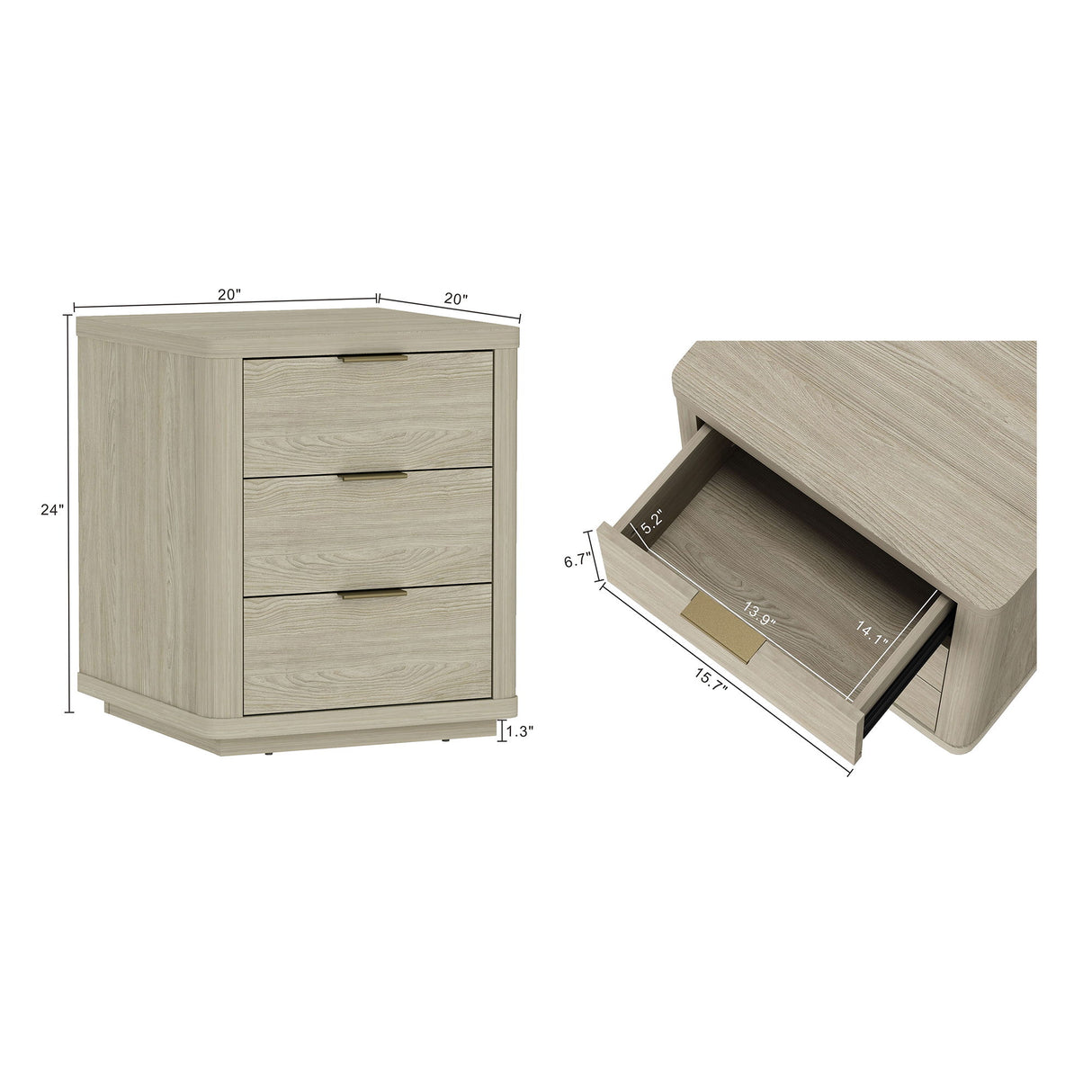 Evelyn - Nightstand With 3 Drawers, Smooth Rounded Edges