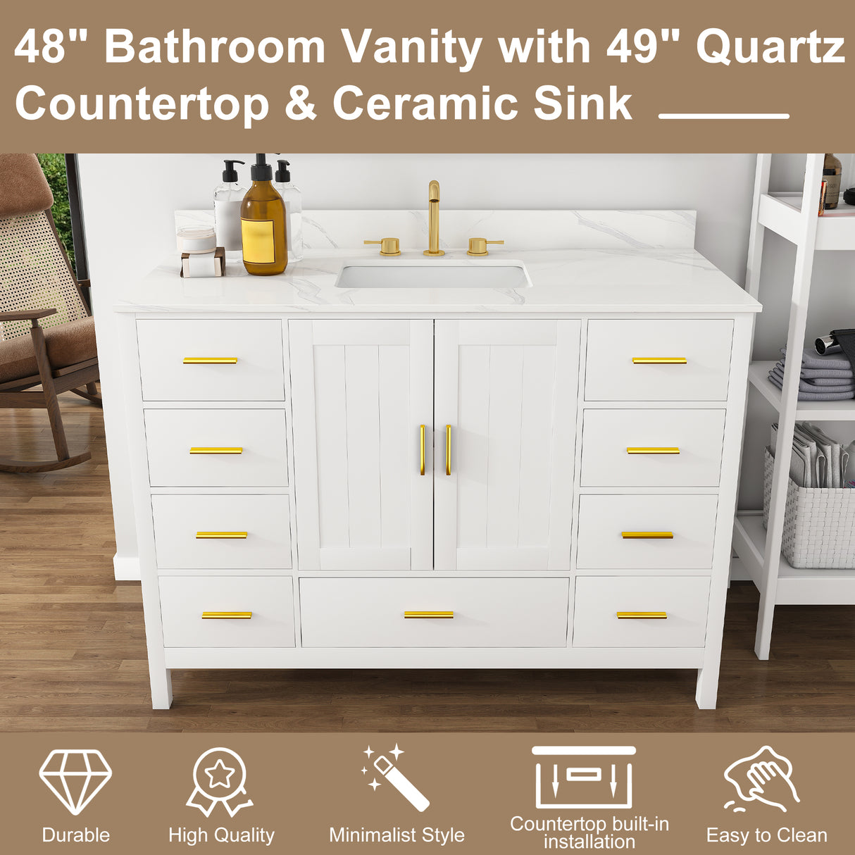 48" Modern Solid Wood Bathroom Vanity with Sink, 49" Carrara