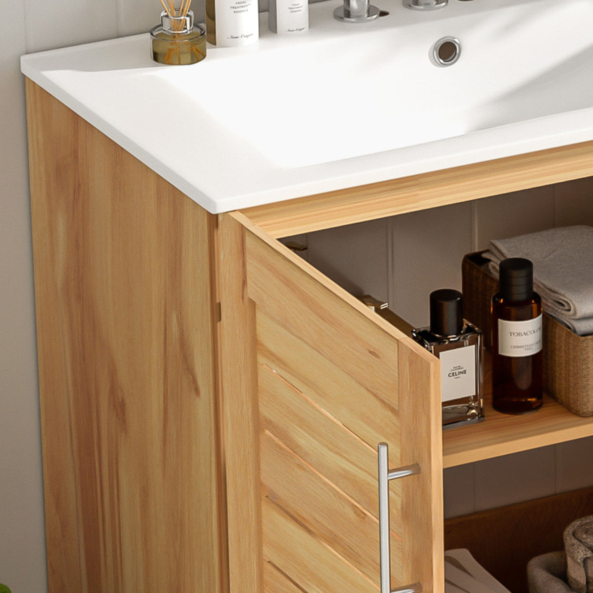 Bathroom Vanity With Ceramic Sink, Freestanding Cabinet - Antique Natural / Brown
