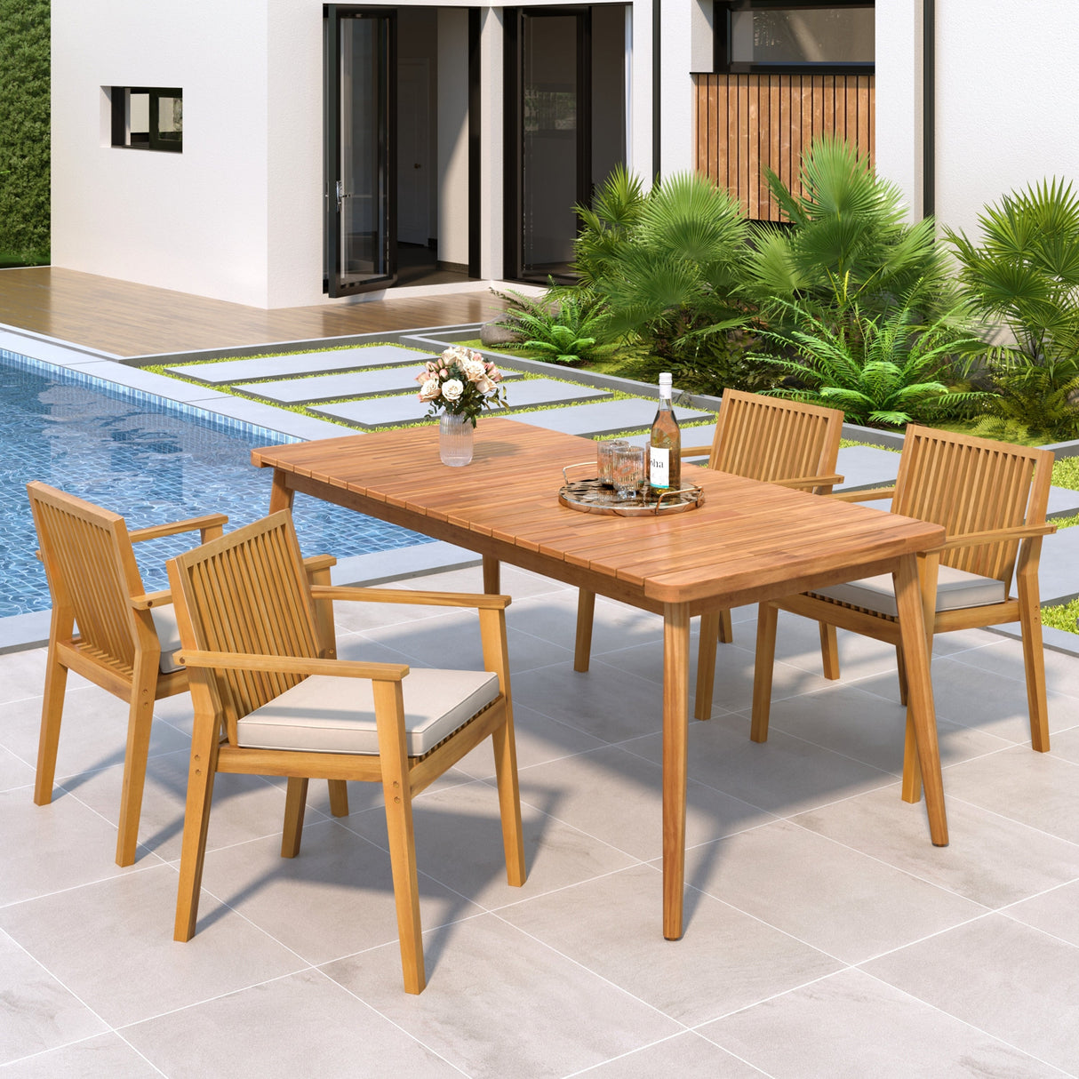 5-Piece Acacia Wood Outdoor Dining Set, Patio Table & Chairs with Removable Cushions