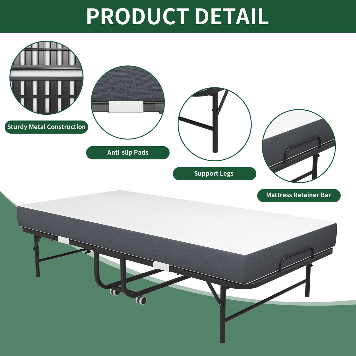 Twin Extra Long Folding Bed For Tall People, Heavy-Duty Rollaway Guest With Memory Foam Mattress - Black